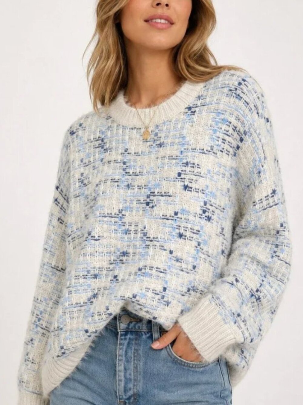 FRNCH Paris Fuzzy Textured Tweed Knit Crewneck Sweater White Blue M/L $170
